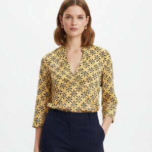 Vintage Talbots Top Size Medium Yellow Geometric Print 3/4 Sleeve Faux Wrap
